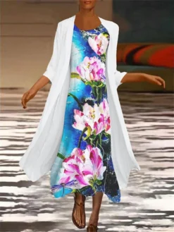 Women's Two Piece Dress Set Casual Dress Chiffon Dress Outdoor Office Fashion Casual Print Midi Dress Crew Neck 3/4 Length Sleeve Floral Loose Fit Blue Green Summer Spring M L XL XXL 3XL -Party Prom Dresses Sales Store foqahr1680257463476