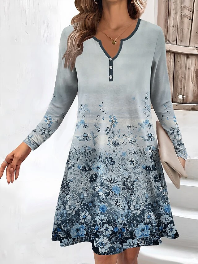 Women's Work Dress Casual Dress Fashion Winter Dress Daily Mini Dress Button Print V Neck Long Sleeve Floral Ombre Regular Fit Blue Green Light Blue Fall Winter S M L XL XXL 3 Women's Work Dress Casual Dress Fashion Winter Dress Daily Mini Dress Button Print V Neck Long Sleeve Floral Ombre Regular Fit Blue Green Light Blue Fall Winter S M L XL XXL - Image 3