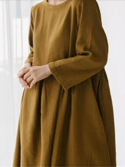 Women's Cotton Linen Dress Casual Dress Swing Dress Maxi Long Dress Cotton Blend Basic Classic Outdoor Daily Crew Neck Pocket Smocked Long Sleeve Summer Spring Fall 2023 Loose Fit Black Yellow Green -Party Prom Dresses Sales Store fpfanb1673850085844