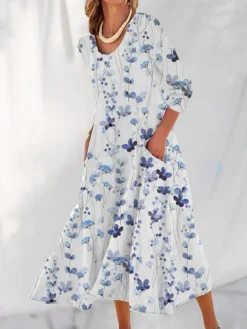 Women's Casual Dress Cotton Linen Dress Swing Dress Maxi Long Dress Polyester Fashion Casual Daily Outdoor Daily Vacation V Neck Pocket Print Long Sleeve Summer Spring Fall 2023 Loose Fit Light Green -Party Prom Dresses Sales Store fqbtjm1690539144789