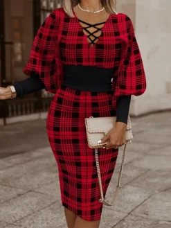 Women's Christmas Casual Dress Bodycon Sheath Dress Mini Dress Black And White Black Khaki Long Sleeve Geometric Patchwork Winter Fall Autumn V Neck Modern 2022 S M L XL XXL