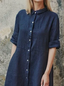 Women's Shirt Dress Casual Dress Cotton Dress Midi Dress Cotton Classic Casual Outdoor Daily Vacation Shirt Collar Ruched Button Long Sleeve Fall Winter Autumn 2023 Regular Fit Pink Red Navy Blue -Party Prom Dresses Sales Store fqvbfk1693823267559