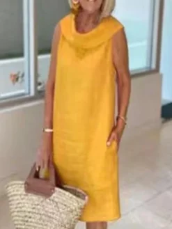 Women's Casual Dress Cotton Linen Dress Shift Dress Midi Dress Cotton Blend Fashion Basic Outdoor Daily Vacation Cowl Neck Pocket Sleeveless Summer Spring 2023 Loose Fit Black Yellow Pink Plain S M L