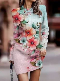 Women's Sweater Dress Winter Dress Jumper Dress Mini Dress Fashion Floral Outdoor Daily Date Going Out Crew Neck Long Sleeve Print 2023 Regular Fit Pink Blue Khaki S M L XL XXL 3XL