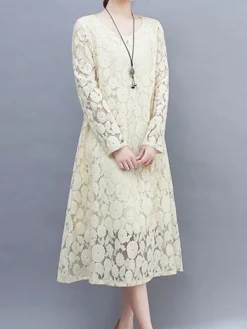 Women's Work Dress Lace Dress Black Dress Fashion Midi Dress Lace Crew Neck Long Sleeve Plain Loose Fit Black White Pink Fall Winter M L XL XXL 3XL -Party Prom Dresses Sales Store fsikyc1693300595454