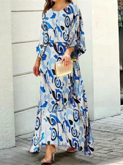 Women's Two Piece Dress Set Casual Dress Skirt Set Daily Vacation Fashion Casual Print Long Dress Maxi Dress Crew Neck Long Sleeve Floral Stripe Loose Fit White Blue Sky Blue Summer Spring S M L XL -Party Prom Dresses Sales Store fsnxeo1689836912153