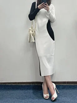 Women's Sweater Dress Winter Dress Jumper Dress Midi Dress Fashion Color Block Outdoor Daily Holiday Date Crew Neck Long Sleeve Patchwork 2023 Slim Black S M L XL -Party Prom Dresses Sales Store fsunqx1692938896009
