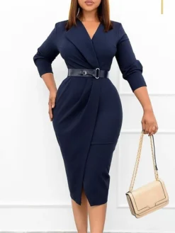 Women's Work Dress Casual Dress Sheath Dress Fashion Office Daily Workfashion Midi Dress Lace Up Ruched V Neck Long Sleeve Plain Regular Fit Red Green Dark Blue Fall Winter S M L XL XXL -Party Prom Dresses Sales Store ftrvjx1695645167457