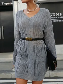 Women's Sweater Dress Winter Dress Jumper Dress Mini Dress Ruched Outdoor Street Daily Fashion Streetwear V Neck Long Sleeve 2023 Loose Fit Gray Color S M L Size -Party Prom Dresses Sales Store fujjcm1695036410825