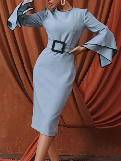 Women's Work Dress Sheath Dress Semi Formal Dress Fashion Office Daily Midi Dress Ruffle Crew Neck Long Sleeve Plain Regular Fit Blue Spring Fall S M L XL XXL