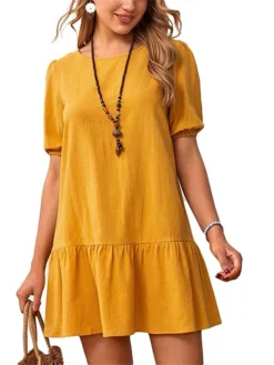 Women's Casual Dress Cotton Linen Dress A Line Dress Mini Dress Cotton Blend Basic Casual Outdoor Daily Crew Neck Ruched Short Sleeve Summer Spring 2023 Loose Fit Black Yellow Sky Blue Plain S M L XL -Party Prom Dresses Sales Store fvfilh1675927948693