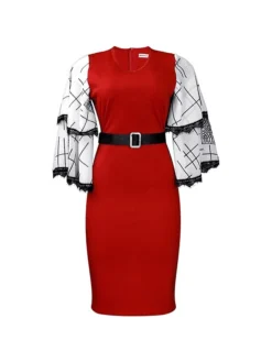 Women's Work Dress Casual Dress Black Dress Fashion Office Daily Workfashion Midi Dress Lace Up Mesh V Neck 3/4 Length Sleeve Color Block Regular Fit Black White Red Fall Winter S M L XL XXL -Party Prom Dresses Sales Store fwakjo1695645205315