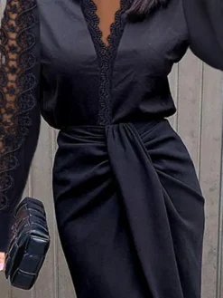Women's Party Dress Lace Dress Sheath Dress Knee Length Dress Black White Long Sleeve Pure Color Lace Fall V Neck Work 2023 S M L XL XXL -Party Prom Dresses Sales Store fwaxvj1636124244358
