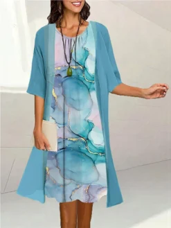 Women's Two Piece Dress Set Casual Dress Print Dress Outdoor Daily Fashion Elegant Print Midi Dress Crew Neck 3/4 Length Sleeve Ombre Marble Print Loose Fit Black Light Green Pink Summer Spring S M L -Party Prom Dresses Sales Store fwjrbf1690171186845