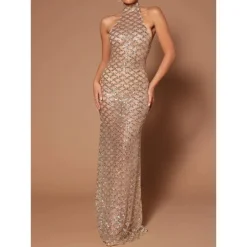 Women's Prom Dress Party Dress Bodycon Long Dress Maxi Dress Black Beige Sleeveless Pure Color Sequins Fall Winter Autumn Halter Neck Fashion Evening Party Vacation 2023 S M L XL XXL -Party Prom Dresses Sales Store fwlbcp1695637821485