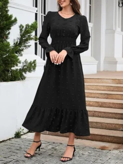 Women's Work Dress Swing Dress Black Dress Fashion Midi Dress Ruched V Neck Long Sleeve Plain Loose Fit Black Red Blue Fall Winter S M L XL XXL -Party Prom Dresses Sales Store fwnuex1693300587955