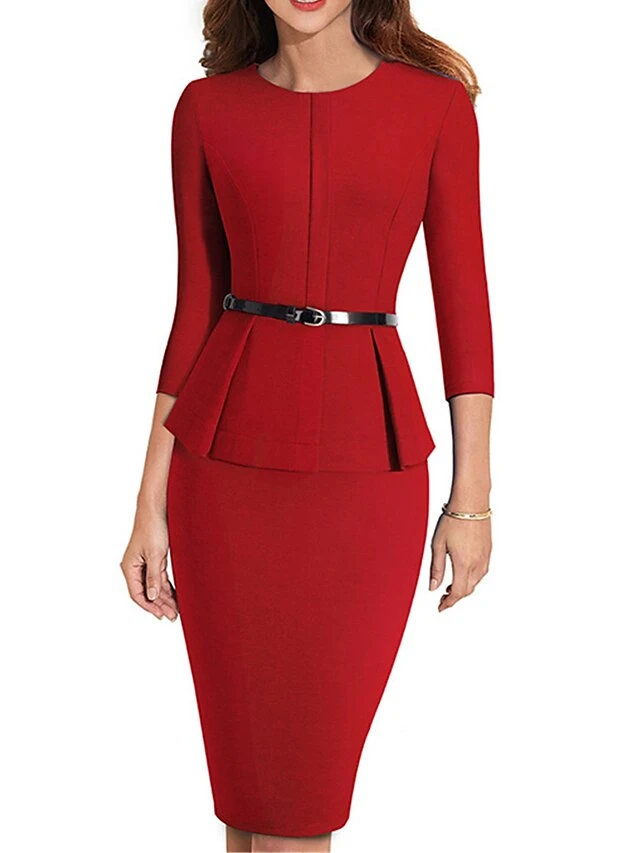 Women's Work Dress Sheath Dress Semi Formal Dress Fashion Midi Dress Ruched Crew Neck 3/4 Length Sleeve Plain Regular Fit Black Red Blue Fall Winter S M L XL XXL 2 Women's Work Dress Sheath Dress Semi Formal Dress Fashion Midi Dress Ruched Crew Neck 3/4 Length Sleeve Plain Regular Fit Black Red Blue Fall Winter S M L XL XXL - Image 2