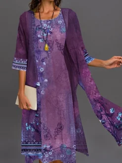 Women's Two Piece Dress Set Print Dress Outdoor Holiday Streetwear Casual Print Midi Dress Crew Neck 3/4 Length Sleeve Floral Regular Fit Blue Purple Green Summer Spring S M L XL XXL -Party Prom Dresses Sales Store fwrclc1679980928207