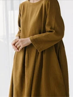 Women's Cotton Linen Dress Casual Dress Swing Dress Maxi Long Dress Cotton Blend Basic Classic Outdoor Daily Crew Neck Pocket Smocked Long Sleeve Summer Spring Fall 2023 Loose Fit Black Yellow Green -Party Prom Dresses Sales Store fwrzep1673850087047