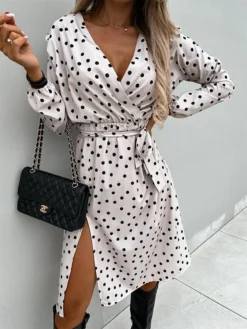 Women's Work Dress Sheath Dress Semi Formal Dress Fashion Midi Dress Lace Up Split V Neck Long Sleeve Polka Dot Loose Fit Black White Red Fall Winter S M L XL XXL -Party Prom Dresses Sales Store fxkdio1692080011439