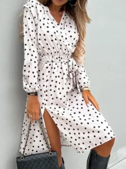 Women's Work Dress Sheath Dress Semi Formal Dress Fashion Midi Dress Lace Up Split V Neck Long Sleeve Polka Dot Loose Fit Black White Red Fall Winter S M L XL XXL -Party Prom Dresses Sales Store fxnwfh1692080012744