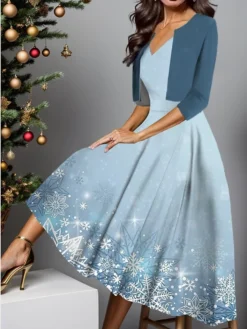 Women's Two Piece Dress Set Casual Dress Swing Dress Outdoor Christmas Fashion Elegant Print Midi Dress V Neck Half Sleeve Snowflake Regular Fit Wine Navy Blue Blue Fall Winter S M L XL XXL -Party Prom Dresses Sales Store fxoanc1697510476915