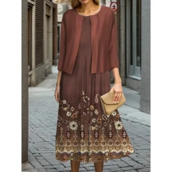 Women's Two Piece Dress Set Casual Dress Swing Dress Outdoor Office Fashion Streetwear Print Midi Dress Crew Neck 3/4 Length Sleeve Geometric Stripe Regular Fit Fuchsia Brown Fall Winter S M L XL XXL