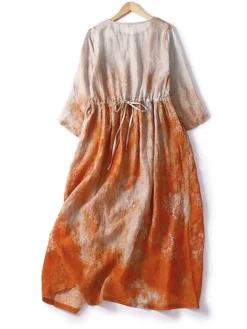 Women's Casual Dress Linen Dress Midi Dress Linen Fashion Romantic Outdoor Daily Holiday Crew Neck Pocket Print 3/4 Length Sleeve Fall Winter Autumn 2023 Loose Fit Blue Orange Painting Flower M L XL -Party Prom Dresses Sales Store fxrict1694418652315