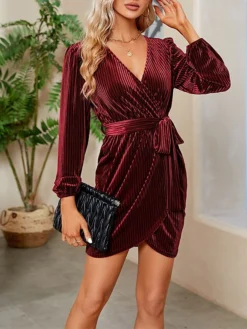 Women's Party Dress Velvet Dress Cocktail Dress Mini Dress Wine Long Sleeve Pure Color Lace Up Spring Fall Winter V Neck Fashion Winter Dress Wedding Guest Vacation 2023 S M L XL XXL -Party Prom Dresses Sales Store fyjqzp1692167107565