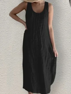 Women's Casual Dress Cotton Linen Dress Shift Dress Midi Dress Bamboo Modern Casual Daily U Neck Ruched Sleeveless Summer Spring 2023 Regular Fit Black White Pink Pure Color S M L XL 2XL -Party Prom Dresses Sales Store fyromn1682564078755