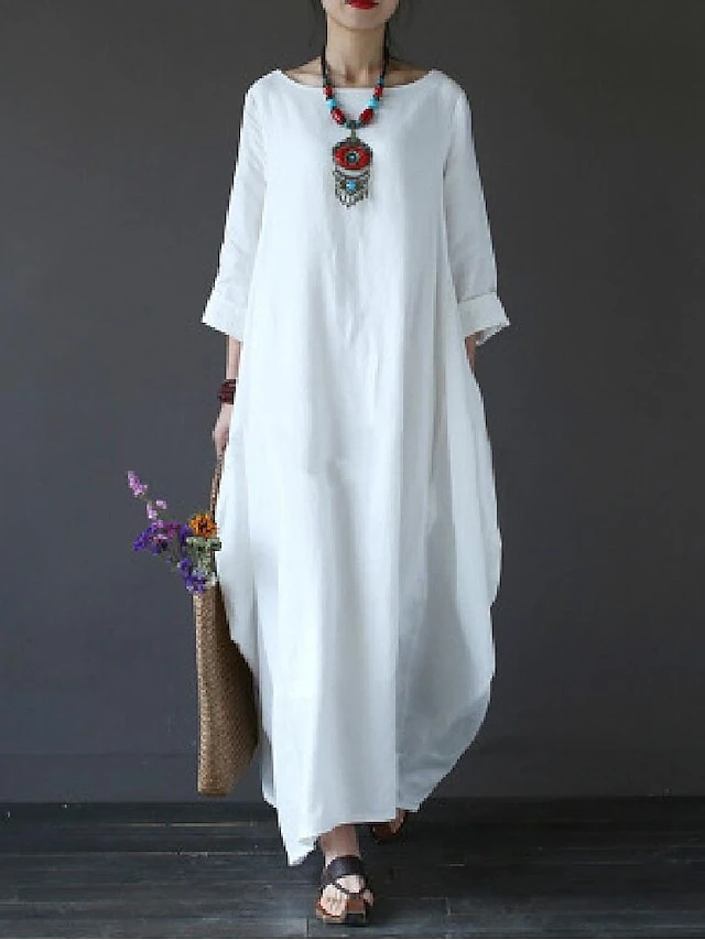 Women‘s Cotton Linen Dress Caftan Dress Shift Dress Long Dress Maxi Dress Green Red Light Blue White Black 3/4 Length Sleeve Pure Color Pocket Spring Summer Fall Boat Neck Basic Casual Loose Fit 2023 1 Women‘s Cotton Linen Dress Caftan Dress Shift Dress Long Dress Maxi Dress Green Red Light Blue White Black 3/4 Length Sleeve Pure Color Pocket Spring Summer Fall Boat Neck Basic Casual Loose Fit 2023