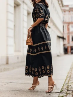 Women's Casual Dress Cotton Linen Dress White Dress Midi Dress Polyester Fashion Gothic Outdoor Daily Vacation Stand Collar Print Half Sleeve Summer Spring Fall 2023 Loose Fit Black Green Apricot -Party Prom Dresses Sales Store fzvotv1690369995924