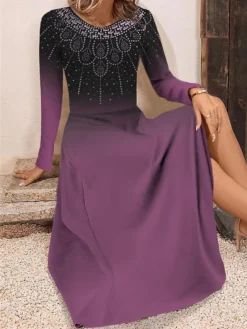 Women's Work Dress Casual Dress Swing Dress Fashion Winter Dress Daily Midi Dress Print Crew Neck Long Sleeve Floral Ombre Regular Fit Blue Purple Fuchsia Fall Winter S M L XL XXL -Party Prom Dresses Sales Store gaufum1695264763604