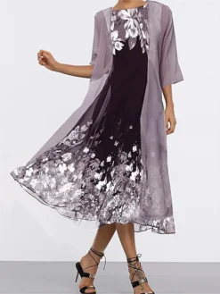 Women's Two Piece Dress Set Casual Dress Swing Dress Daily Date Streetwear Modern Print Midi Dress Crew Neck Half Sleeve Floral Loose Fit Purple Gray Spring Fall M L XL XXL 3XL