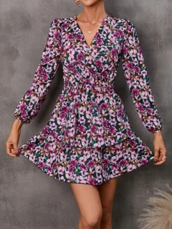 Women's Work Dress Semi Formal Dress Wrap Dress Fashion Mini Dress Ruffle Layered V Neck Long Sleeve Floral Regular Fit Red Purple Orange Fall S M L XL XXL -Party Prom Dresses Sales Store gbdtdu1693300631058