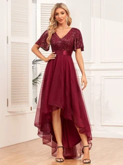 Women‘s Christmas Party Dress Sequin Dress Red Dress Long Dress Maxi Dress Wine Short Sleeve Pure Color Mesh Sparkly Glitter Summer Spring Fall V Neck Fashion Wedding Guest Summer Dress Loose