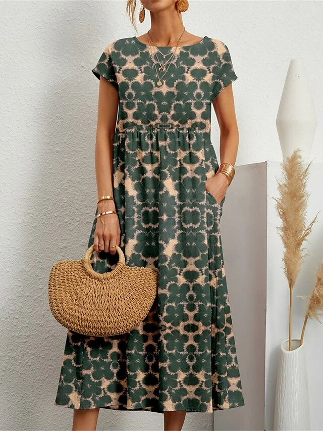Women's Casual Dress Cotton Linen Dress Swing Dress Midi Dress Linen / Cotton Blend Fashion Casual Outdoor Daily Holiday Crew Neck Pocket Print Short Sleeve Summer Spring 2023 Loose Fit ArmyGreen 4 Women's Casual Dress Cotton Linen Dress Swing Dress Midi Dress Linen / Cotton Blend Fashion Casual Outdoor Daily Holiday Crew Neck Pocket Print Short Sleeve Summer Spring 2023 Loose Fit ArmyGreen - Image 4