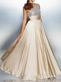 Women's Prom Dress Party Dress Sequin Dress Long Dress Maxi Dress Beige Sleeveless Pure Color Sequins Summer Spring Fall One Shoulder Fashion Party Wedding Guest Birthday 2022 S M L XL -Party Prom Dresses Sales Store gdaoly1634613857730