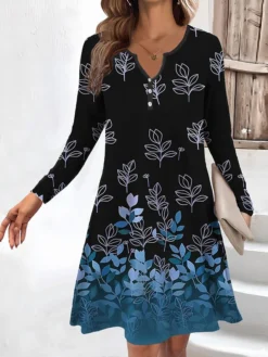 Women's Work Dress Casual Dress Fashion Winter Dress Daily Mini Dress Button Print V Neck Long Sleeve Floral Regular Fit Yellow Navy Blue Blue Fall Winter S M L XL XXL -Party Prom Dresses Sales Store gdgcdz1694660965308