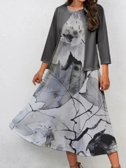 Women's Two Piece Dress Set Casual Dress Swing Dress Outdoor Office Fashion Streetwear Print Midi Dress Crew Neck 3/4 Length Sleeve Leaf Regular Fit Yellow Green Gray Fall Winter S M L XL XXL -Party Prom Dresses Sales Store gdgzix1697681154077