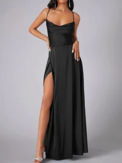 Women's Prom Dress Party Dress Satin Dress Long Dress Maxi Dress Black White Pink Sleeveless Pure Color Backless Summer Spring Fall Spaghetti Strap Fashion Evening Party Wedding Guest Vacation 2023 S -Party Prom Dresses Sales Store gecteb1690366402204