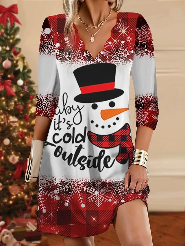Women's Christmas Work Dress Casual Dress Fashion Winter DressDaily Mini Dress Print V Neck Long Sleeve Plaid Snowman Regular Fit Wine Purple Green Fall Winter S M L XL XXL 3 Women's Christmas Work Dress Casual Dress Fashion Winter DressDaily Mini Dress Print V Neck Long Sleeve Plaid Snowman Regular Fit Wine Purple Green Fall Winter S M L XL XXL - Image 3