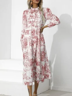 Women's Work Dress Swing Dress Semi Formal Dress Fashion Midi Dress Print Stand Collar Long Sleeve Floral Loose Fit Red Blue Green Fall S M L XL XXL