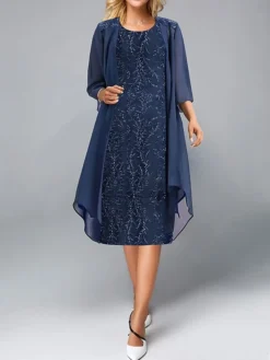 Women's Two Piece Dress Set Party Dress Sequin Dress Party Outdoor Fashion Streetwear Embroidered Sequin Midi Dress Crew Neck 3/4 Length Sleeve Plain Regular Fit Navy Blue Fall Winter S M L XL XXL