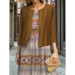 Women's Two Piece Dress Set Casual Dress Swing Dress Outdoor Office Fashion Streetwear Print Midi Dress Crew Neck 3/4 Length Sleeve Geometric Stripe Regular Fit Fuchsia Brown Fall Winter S M L XL XXL -Party Prom Dresses Sales Store gepsui1695644986036