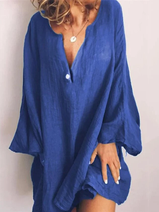 Women's Cotton Linen Dress Casual Dress Shift Dress Mini Dress Cotton Blend Fashion Modern Daily Vacation V Neck Button Long Sleeve Summer Spring 2023 Regular Fit Wine Blue Brown Pure Color S M L XL 5 Women's Cotton Linen Dress Casual Dress Shift Dress Mini Dress Cotton Blend Fashion Modern Daily Vacation V Neck Button Long Sleeve Summer Spring 2023 Regular Fit Wine Blue Brown Pure Color S M L XL - Image 5