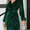 Women‘s Christmas Party Dress Homecoming Dress Velvet Dress Cocktail Dress Mini Dress Wine Dark Green Dark Blue Long Sleeve Pure Color Lace Up Fall Winter Autumn V Neck Birthday Wedding Guest
