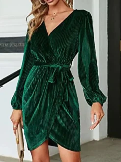 Women‘s Christmas Party Dress Homecoming Dress Velvet Dress Cocktail Dress Mini Dress Wine Dark Green Dark Blue Long Sleeve Pure Color Lace Up Fall Winter Autumn V Neck Birthday Wedding Guest