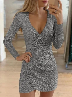Women's Party Dress Sequin Dress Homecoming Dress Mini Dress Silver Black Gold Long Sleeve Pure Color Sequins Fall Winter Autumn V Neck Fashion Party Winter Dress Vacation 2022 S M L XL XXL -Party Prom Dresses Sales Store ggdhit1636379705793