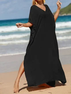 Women's White Dress A Line Dress Cover Up Long Dress Maxi Dress Cotton Basic Casual Outdoor Daily Vacation V Neck Split 3/4 Length Sleeve Summer Spring Fall 2022 Loose Fit Black White Yellow Plain -Party Prom Dresses Sales Store ggsdsz1672828148490